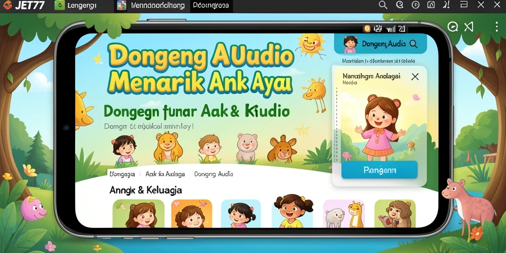 Antarmuka aplikasi JET77 yang menarik dan fitur Dongeng Audio.
