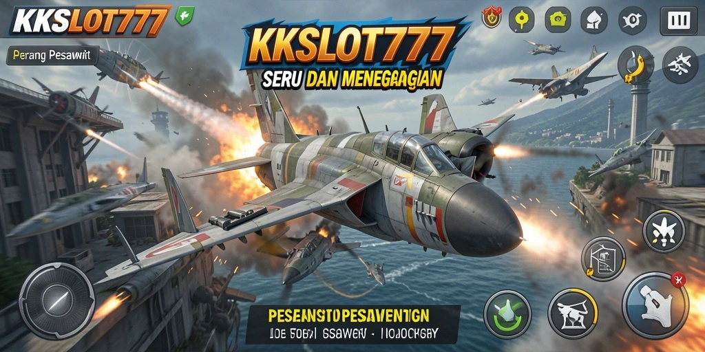 Antarmuka permainan KKSLOT777 dengan pesawat tempur di langit.